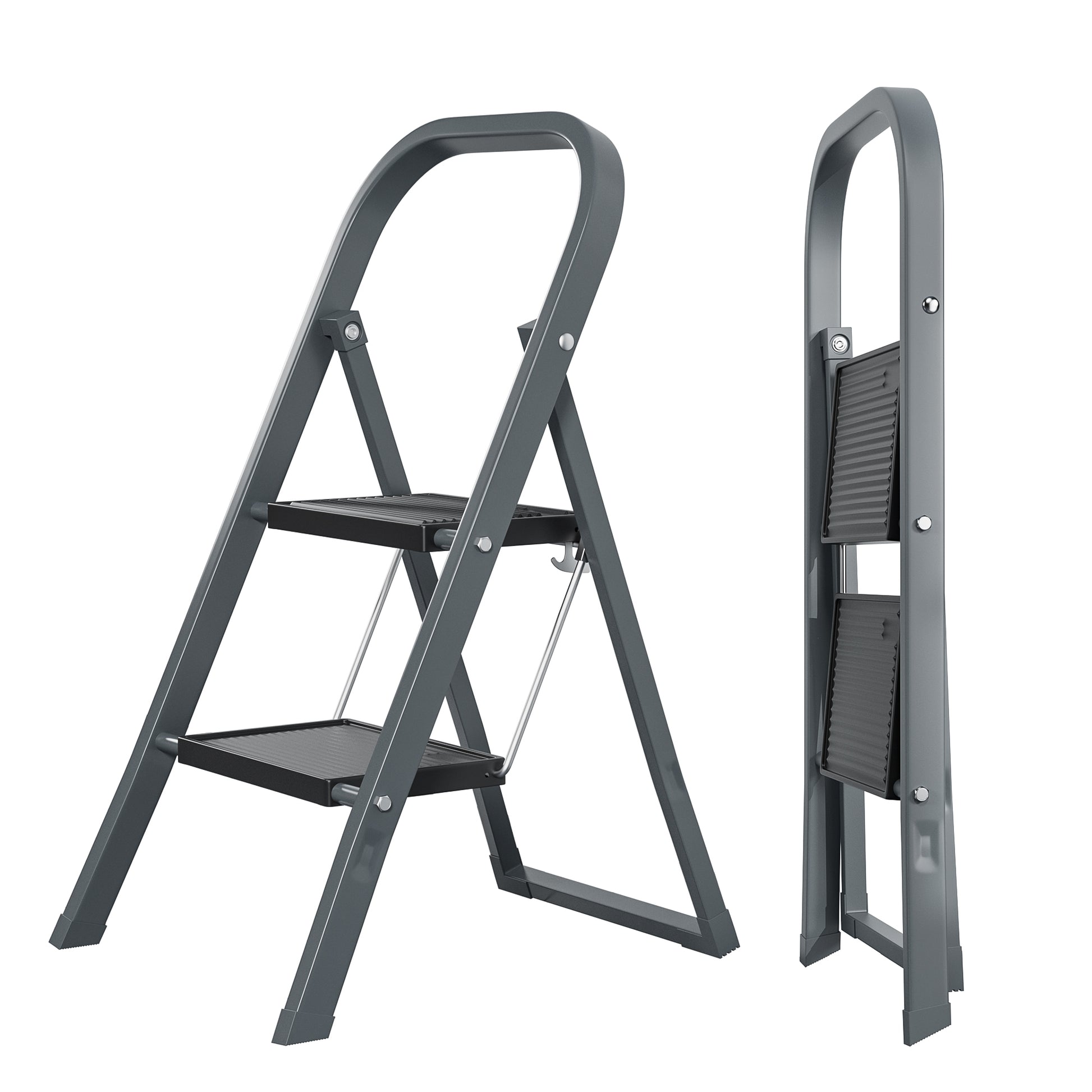 2 Step Ladder, Step Stool For Adults, Folding Step Stool With Wide Anti Slip Pedal, Sturdy Steel Ladder Gray Iron Plastic