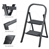 2 Step Ladder, Step Stool For Adults, Folding Step Stool With Wide Anti Slip Pedal, Sturdy Steel Ladder Black Iron Plastic