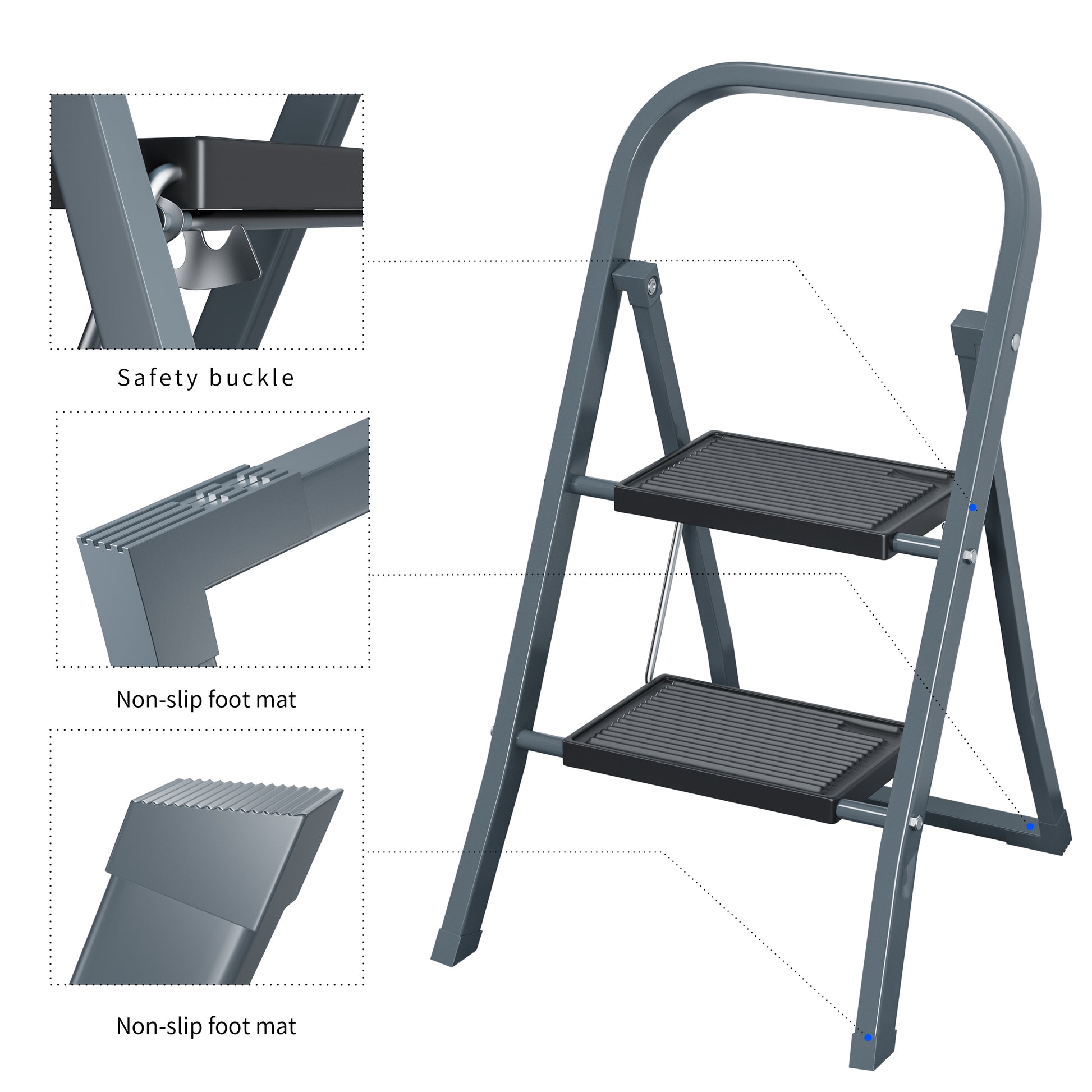 2 Step Ladder, Step Stool For Adults, Folding Step Stool With Wide Anti Slip Pedal, Sturdy Steel Ladder Gray Iron Plastic