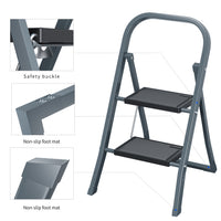2 Step Ladder, Step Stool For Adults, Folding Step Stool With Wide Anti Slip Pedal, Sturdy Steel Ladder Gray Iron Plastic