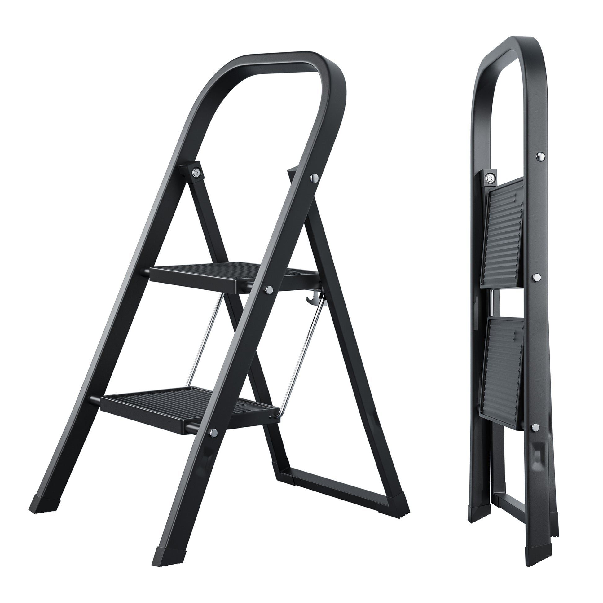 2 Step Ladder, Step Stool For Adults, Folding Step Stool With Wide Anti Slip Pedal, Sturdy Steel Ladder Black Iron Plastic