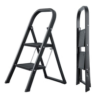 2 Step Ladder, Step Stool For Adults, Folding Step Stool With Wide Anti Slip Pedal, Sturdy Steel Ladder Black Iron Plastic