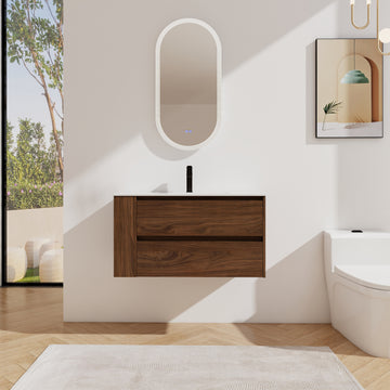 36" Wall Mounting Bathroom Vanity With Ceramic Sink, Soft Close Drawer 2 Brown Oak 1 Bathroom Wall Mounted Modern Plywood