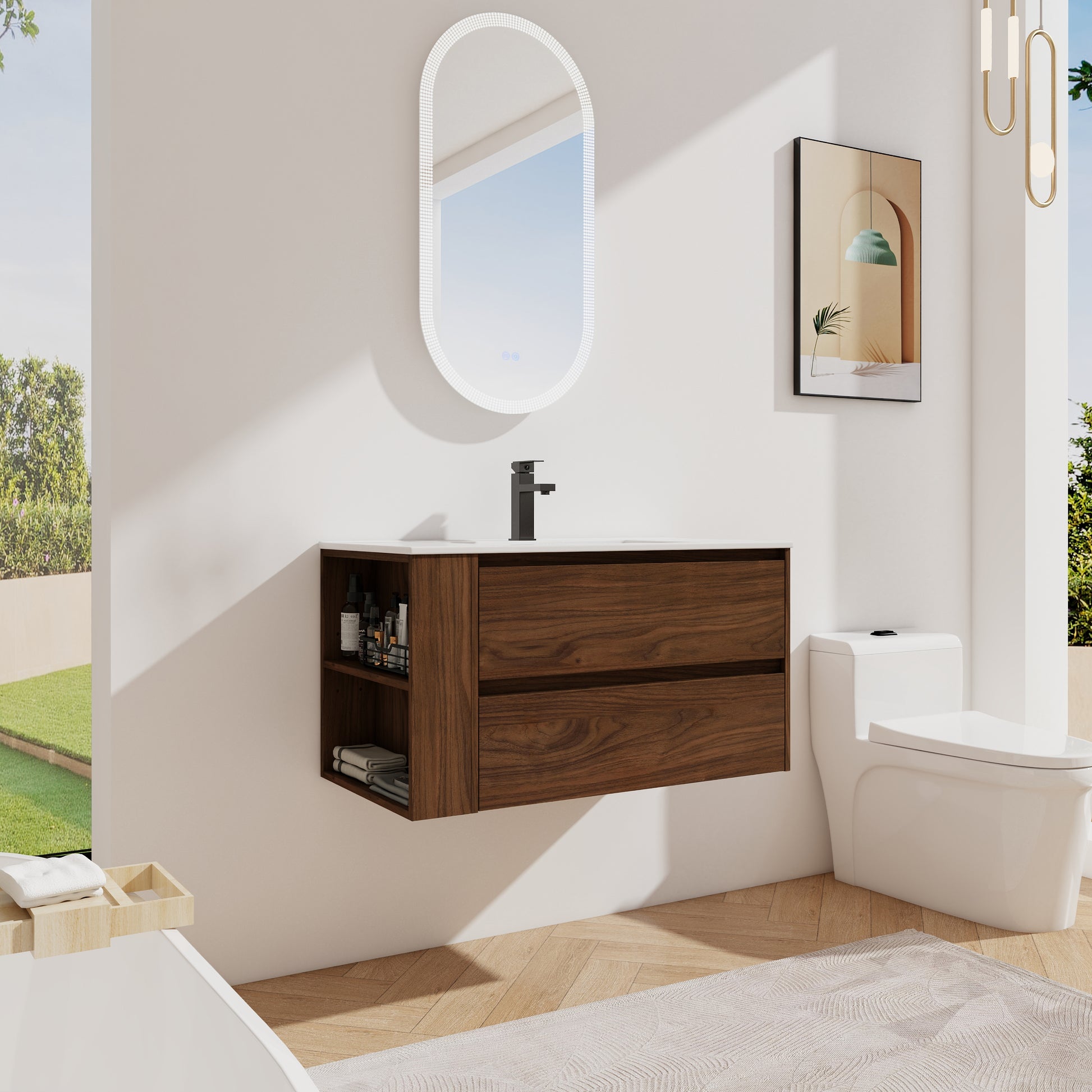 36" Wall Mounting Bathroom Vanity With Ceramic Sink, Soft Close Drawer 2 Brown Oak 1 Bathroom Wall Mounted Modern Plywood