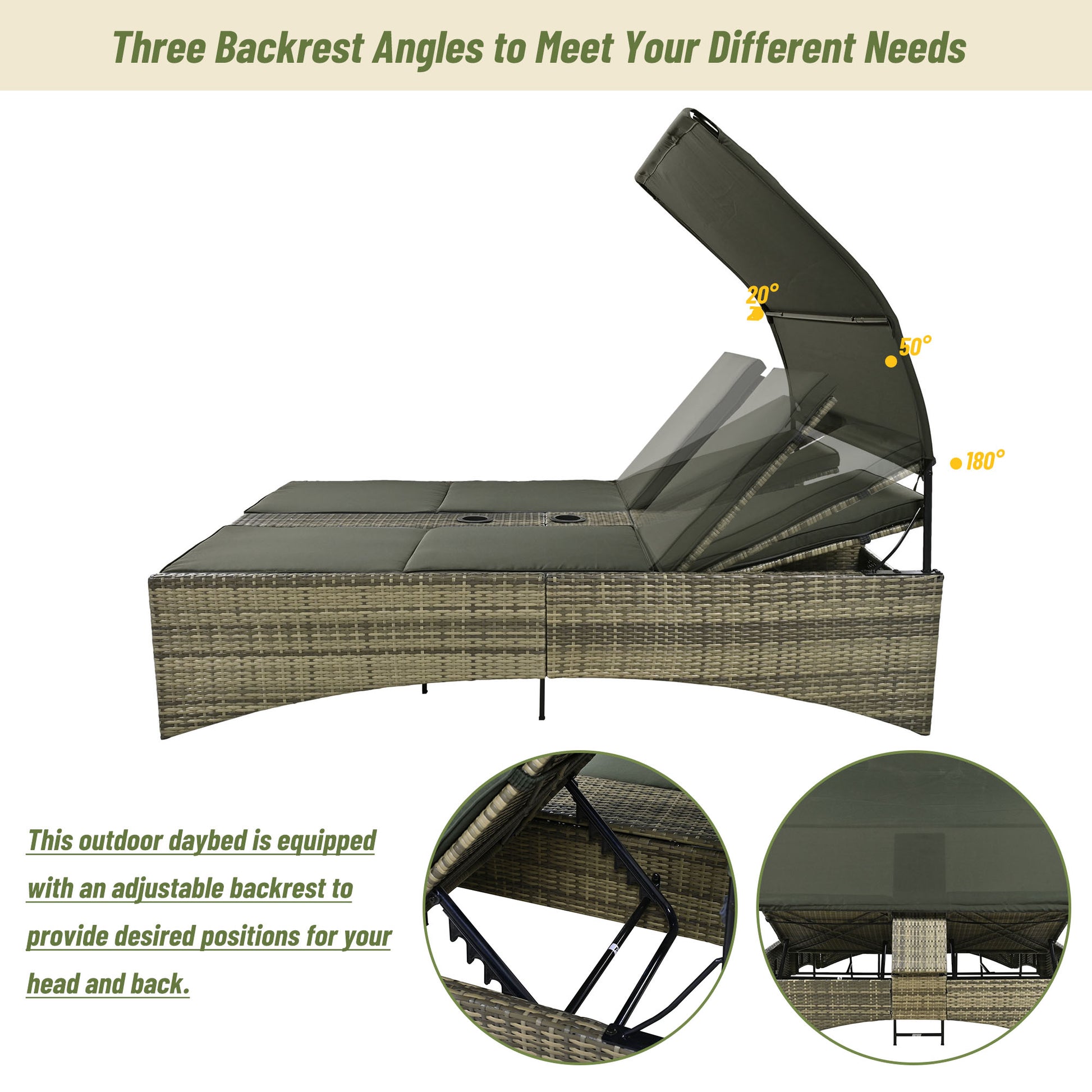Patio Daybed Outdoor Daybed Outdoor Rattan Sun Lounger With Shelter Roof With Adjustable Backrest, Storage Box And 2 Cup Holders For Patio, Balcony, Poolside,Grey Yes Grey Seats 2 Water Resistant Frame Water Resistant Cushion Garden & Outdoor Sectional