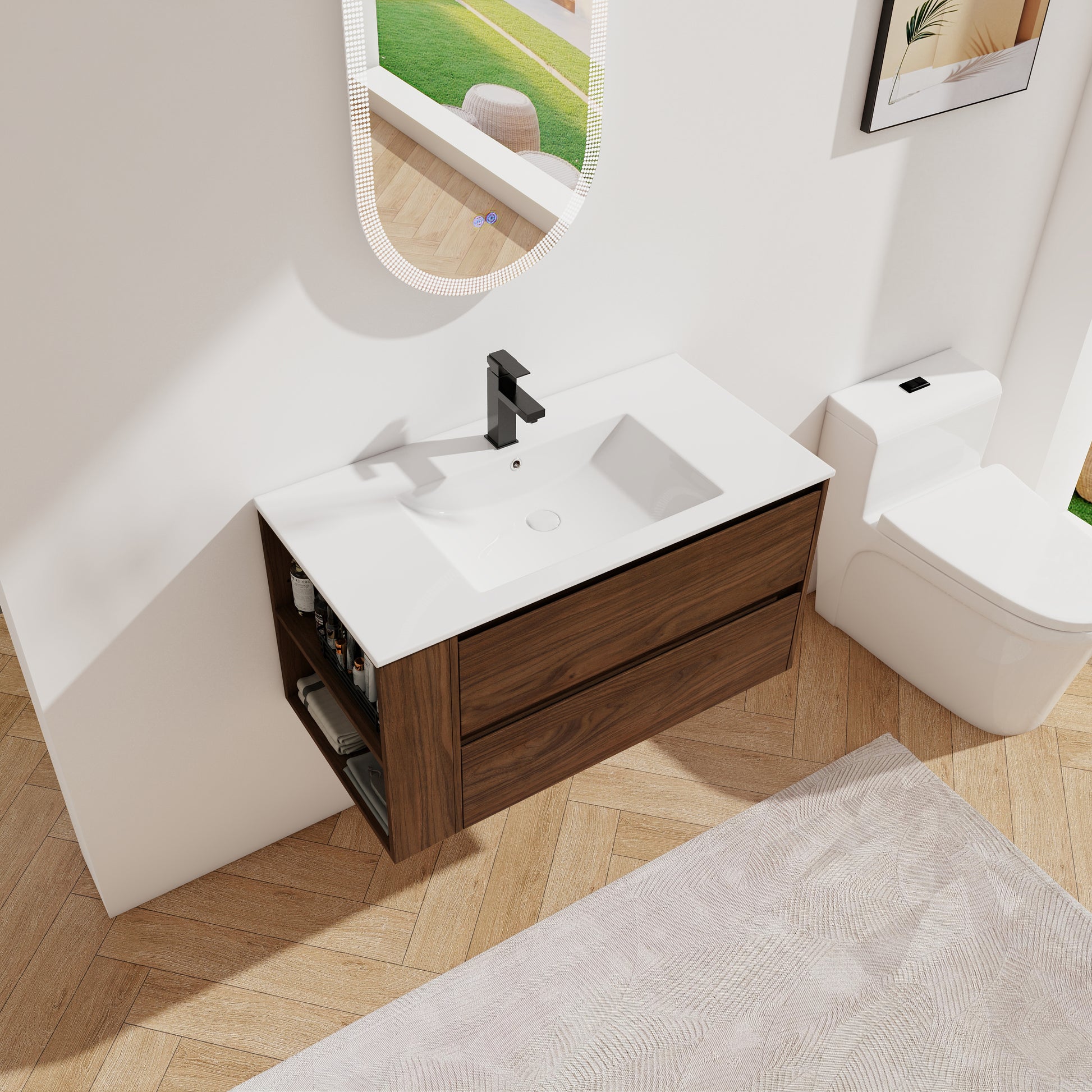 36" Wall Mounting Bathroom Vanity With Ceramic Sink, Soft Close Drawer 2 Brown Oak 1 Bathroom Wall Mounted Modern Plywood