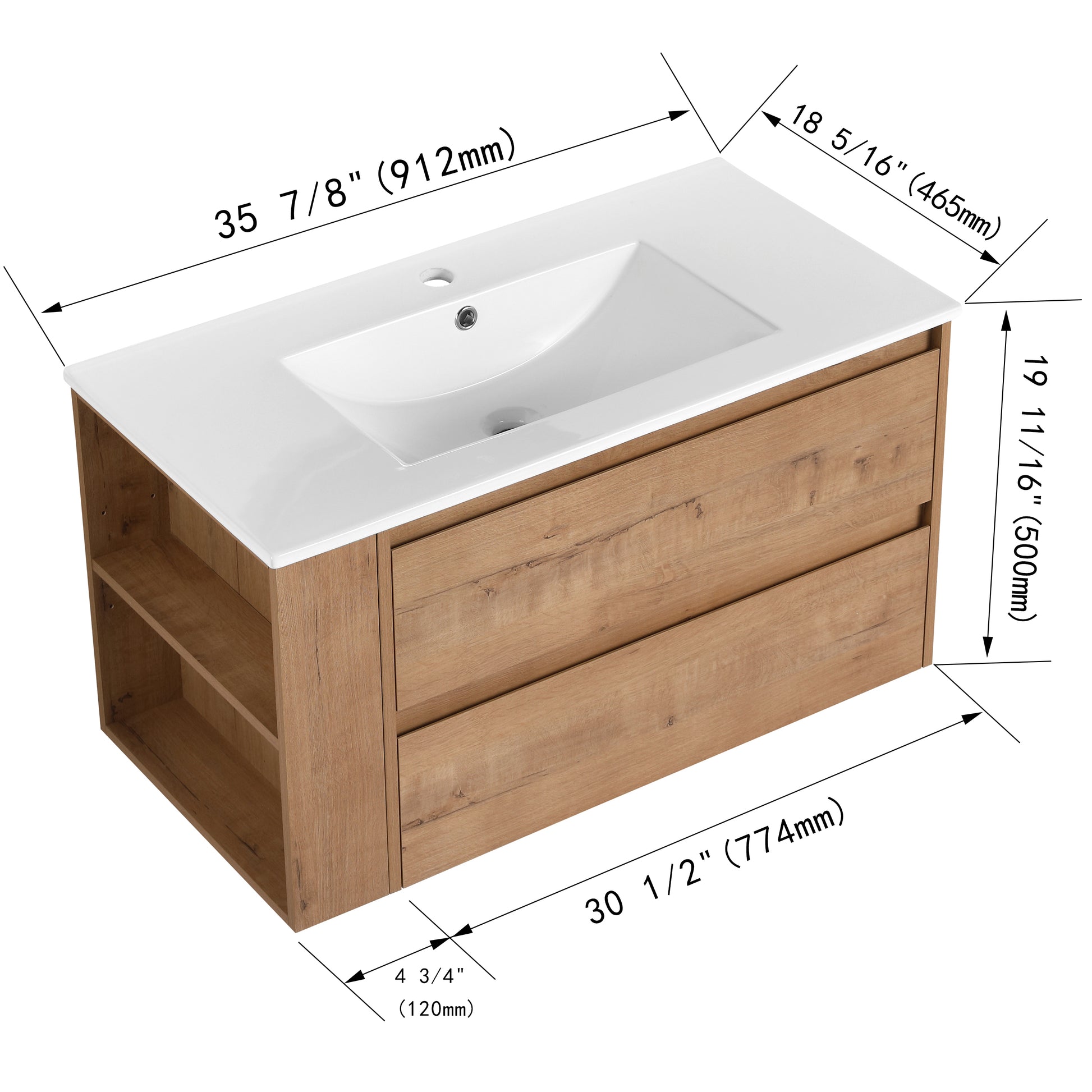 36" Wall Mounting Bathroom Vanity With Ceramic Sink, Soft Close Drawer 2 Imitative Oak 1 Bathroom Wall Mounted Modern Plywood