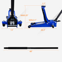 3T Heavy Duty Horizontal Double Pump Floor Jack Foot Model Blue Steel