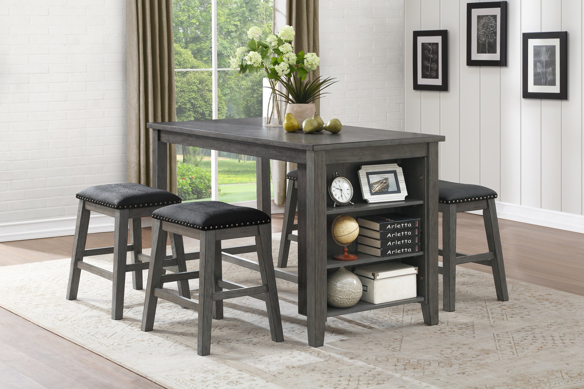 Modern Gray 1Pc Counter Height Table With Built In Shelves Wooden Multifunctional Kitchen Dining Room Furniture Gray Seats 4 Dining Room Contemporary,Modern Kitchen & Dining Tables Rectangular Wood