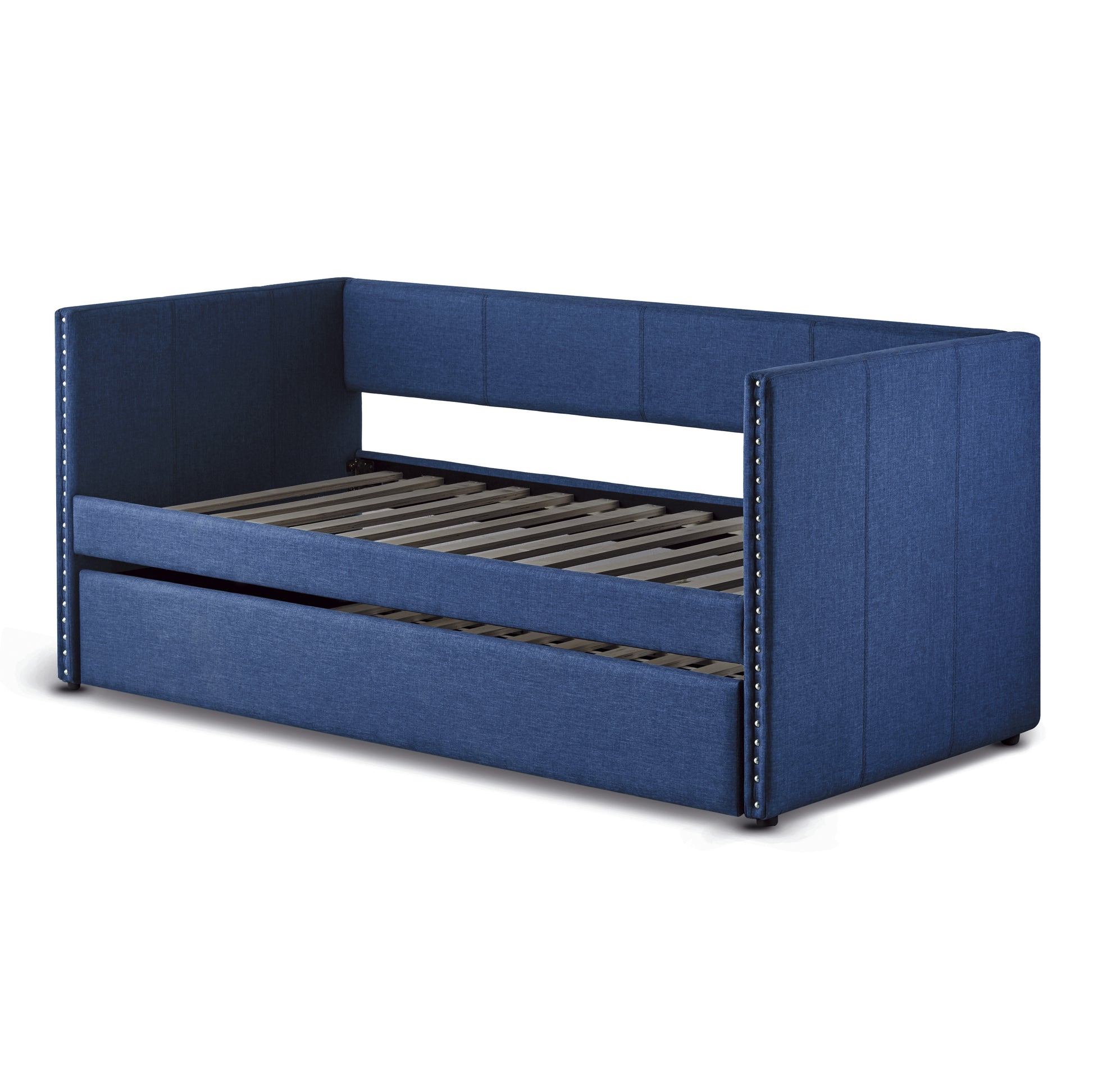 Blue Fabric Upholstered 1Pc Day Bed With Pull Out Trundle Trim Wood Frame Furniture Twin Box Spring Not Required Blue Wood Bedroom Polyester Wood