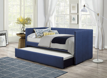 Blue Fabric Upholstered 1Pc Day Bed With Pull Out Trundle Trim Wood Frame Furniture Twin Box Spring Not Required Blue Wood Bedroom Polyester Wood