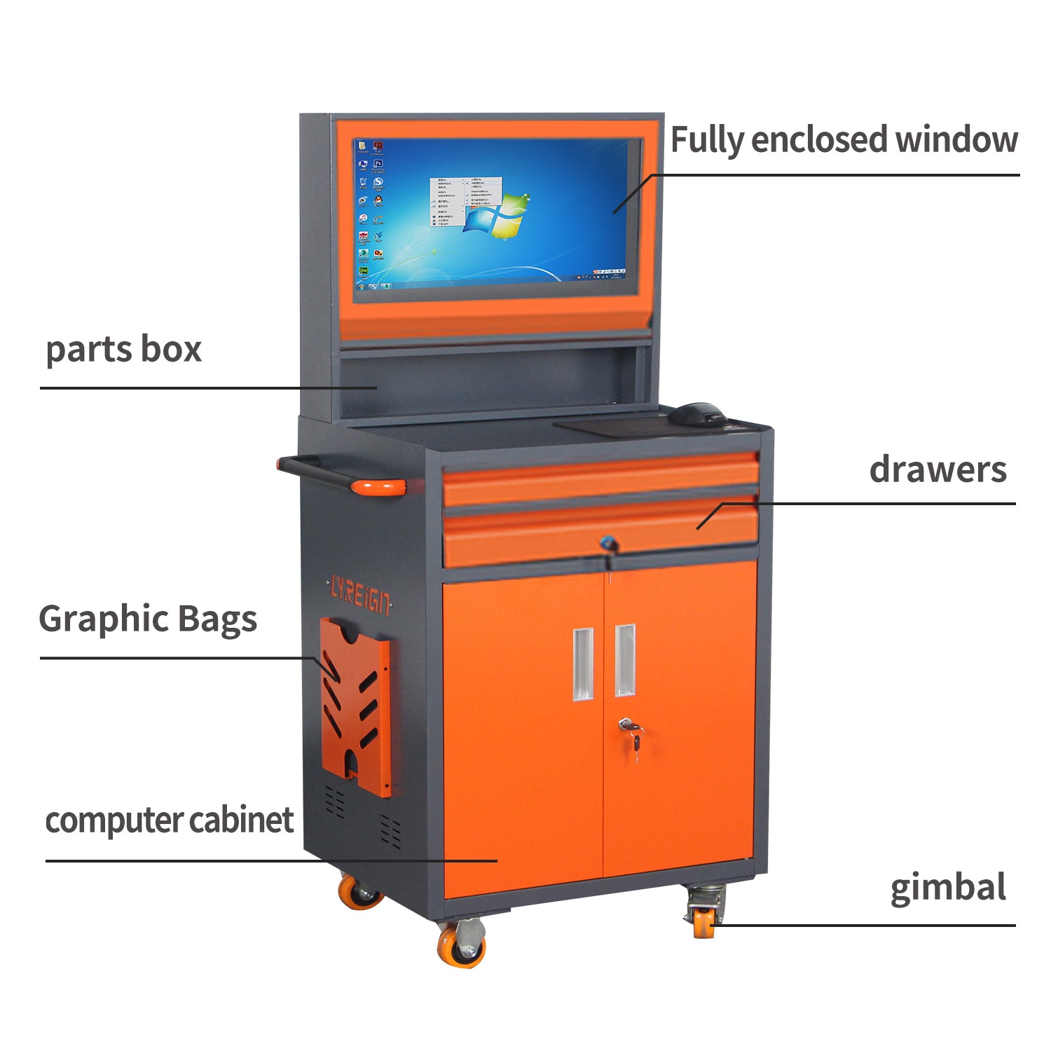 Industrial Pc Cabinet Metal Computer Cabinet Industrial Mobile Security Lcd Computer Cabinet Enclosure, Gray Orange, Suitable For Up To 27 Inch Monitors Gray Abs Steel Q235