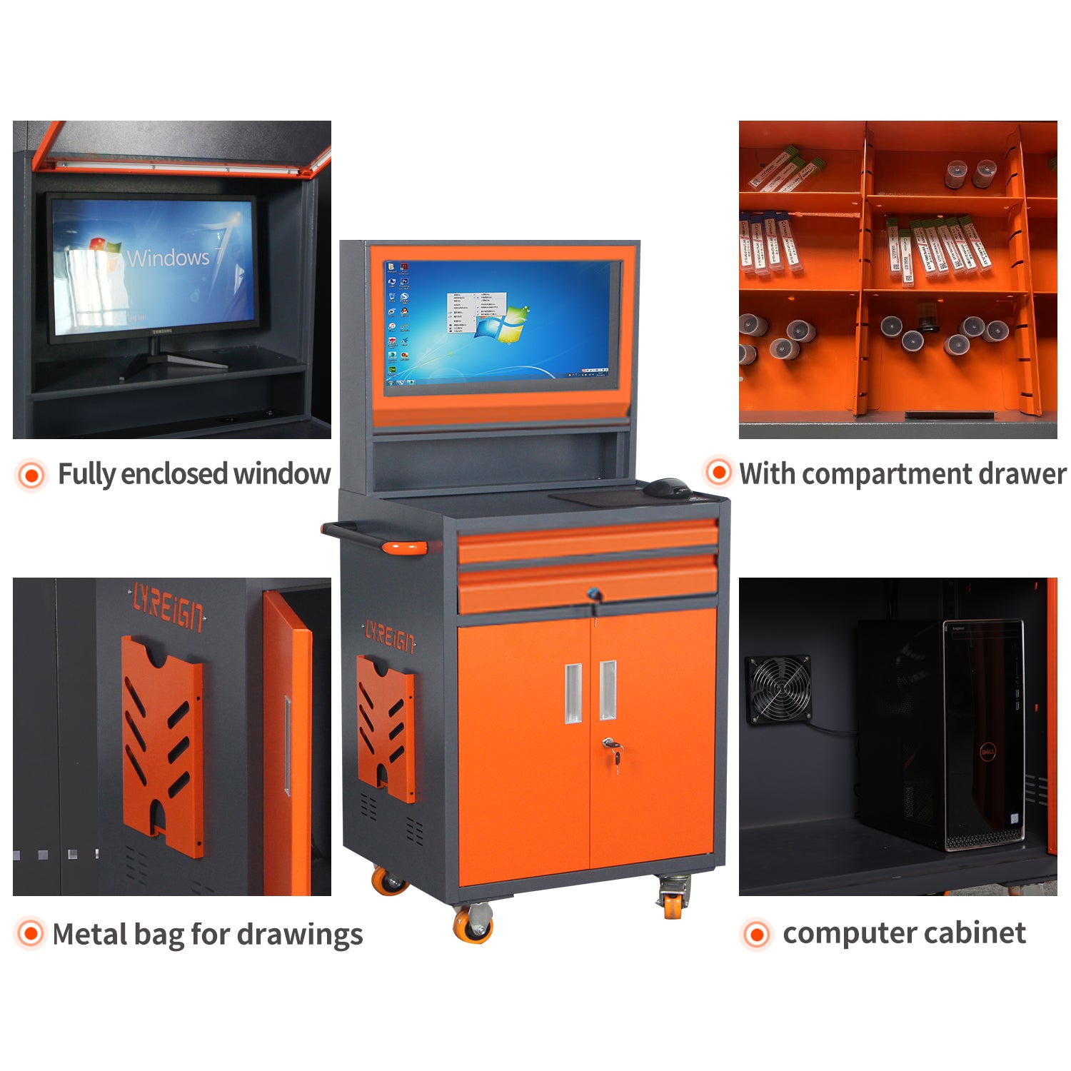 Industrial Pc Cabinet Metal Computer Cabinet Industrial Mobile Security Lcd Computer Cabinet Enclosure, Gray Orange, Suitable For Up To 27 Inch Monitors Gray Abs Steel Q235