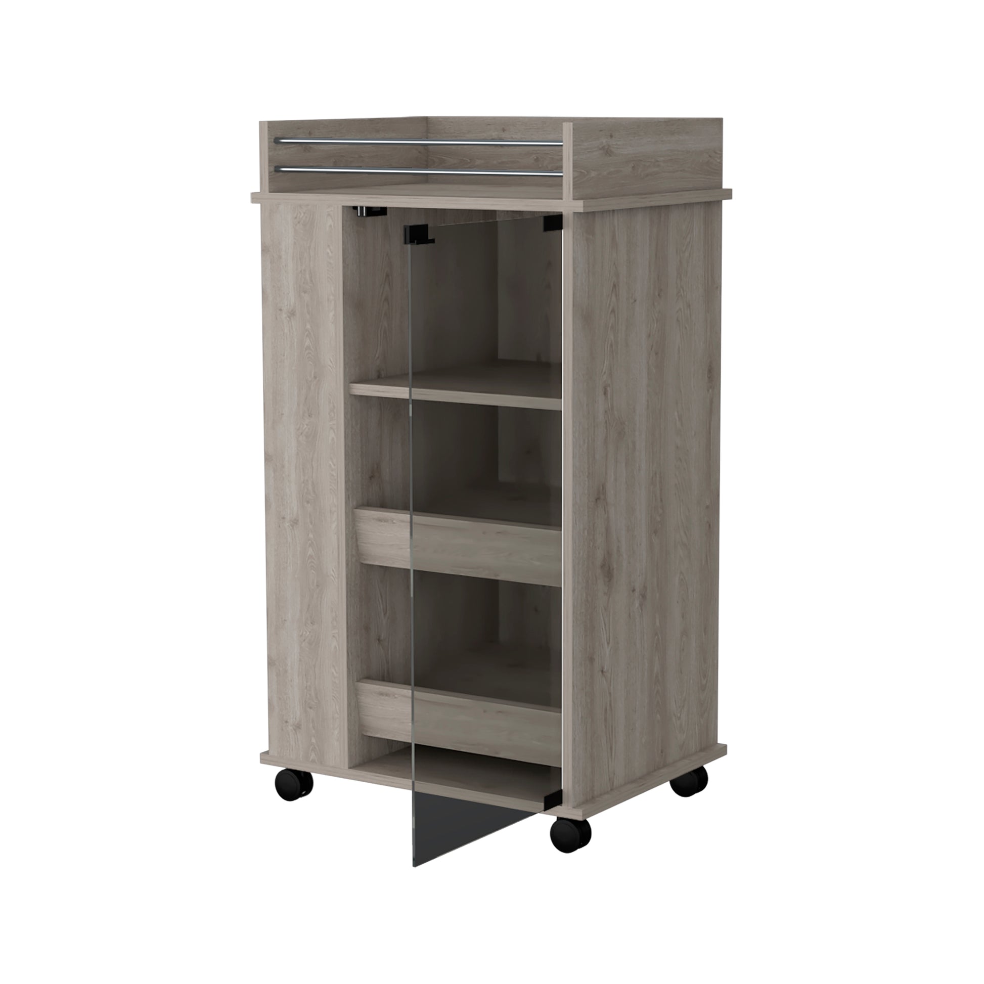 Baltimore Bar Cart With Casters, Glass Door And 2 Side Shelf Grey Primary Living Space Modern Rectangular Particle Board Engineered Wood Medium 40 55In