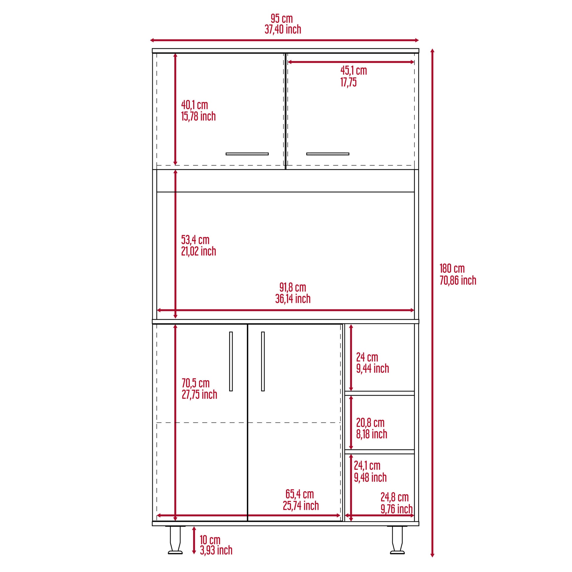 95 Pantry Kit, Four Legs, Double Door Cabinet, Three Shelves White Freestanding White Kitchen Open Storage Space Modern Particle Board Particle Board