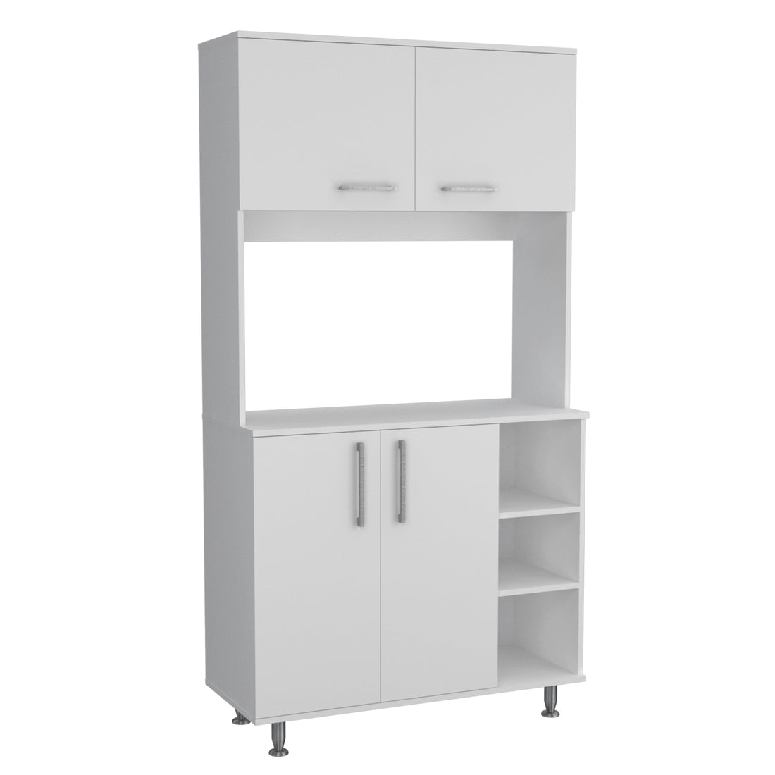 95 Pantry Kit, Four Legs, Double Door Cabinet, Three Shelves White Freestanding White Kitchen Open Storage Space Modern Particle Board Particle Board