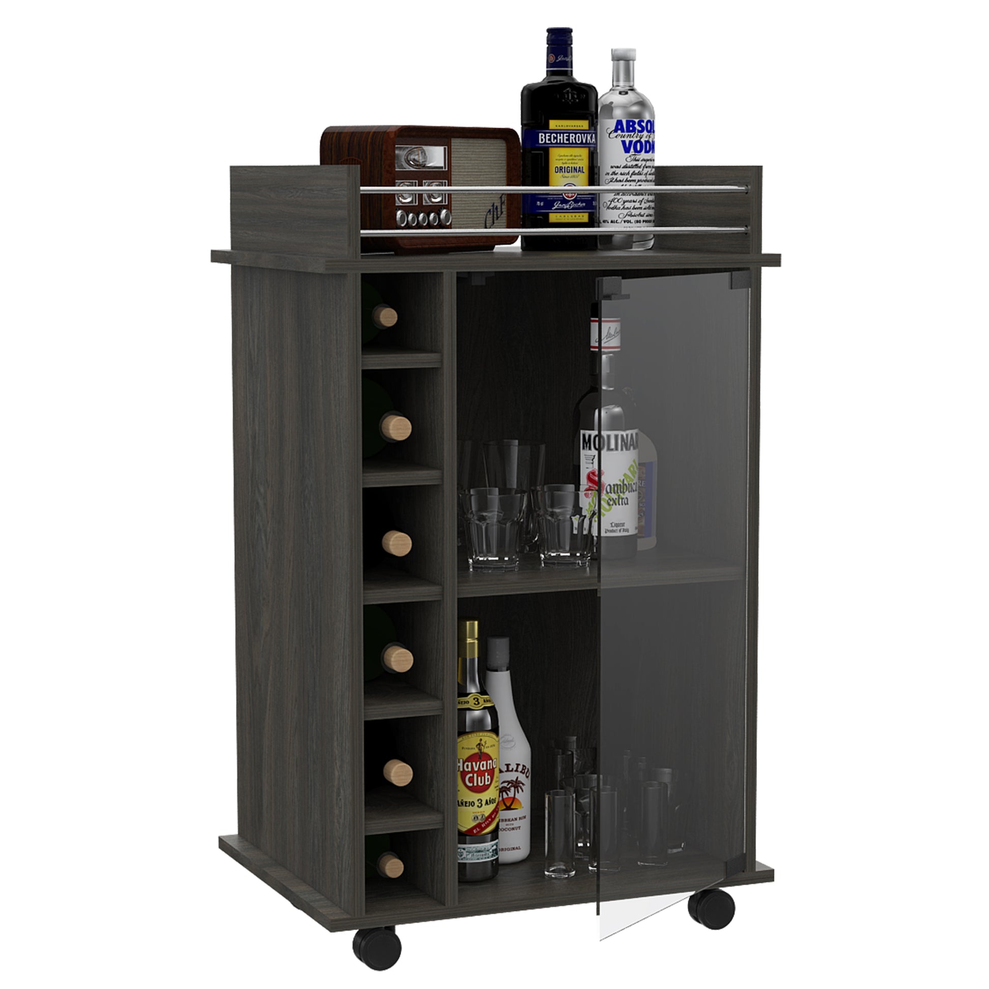 Vegas Bar Cart, Two Tier Cabinet With Glass Door, Six Cubbies For Liquor Gray Gray Primary Living Space Modern Rectangular Stationary Kitchen Islands Pine Particle Board Engineered Wood Medium 40 55In