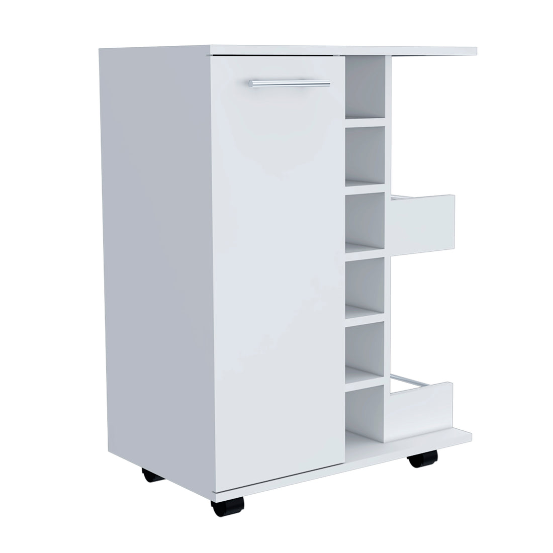 Tennessee Bar Cart, One Cabinet With Division, Six Cubbies For Liquor, Two Shelves White White Primary Living Space Modern Rectangular Stationary Kitchen Islands Pine Particle Board Engineered Wood Medium 40 55In