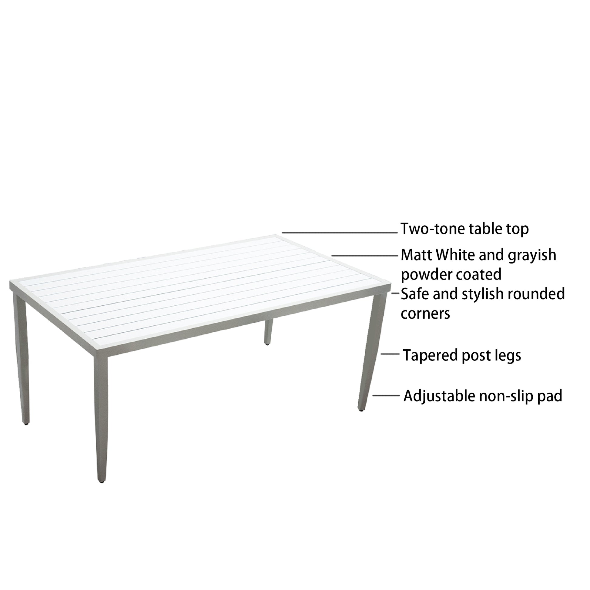 Outdoor Patio Aluminum 40"X70" Two Tone Table Top Rectangle Dining Table With Tapered Feet & Umbrella Hole, Matte White Grayish Dining Set Matte White Grayish Rust Resistant Frame Garden & Outdoor Modern Multiple Chairs Seating Group Aluminum