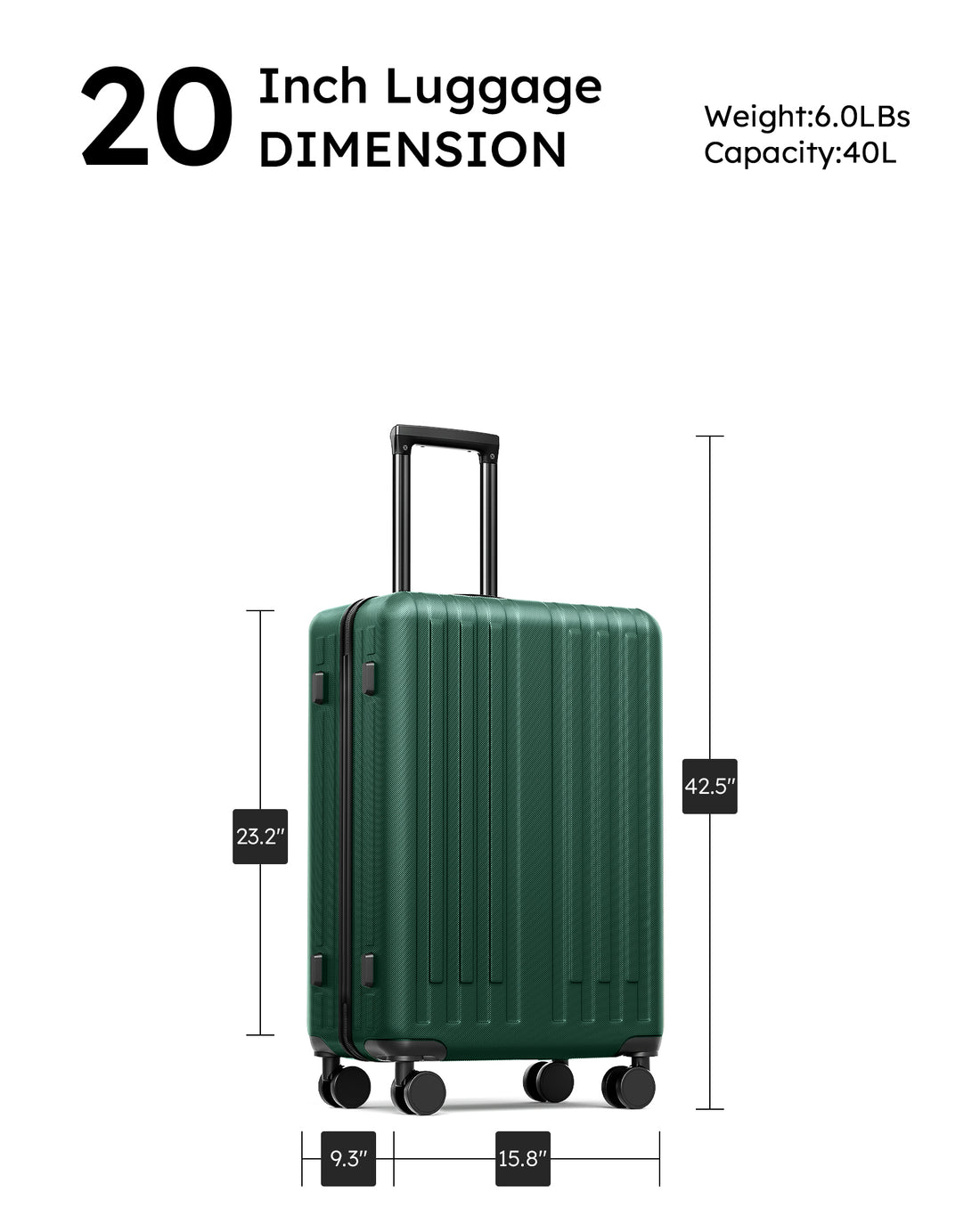 20 Inch Carry On Luggage With 360 Spinner Wheels Suitcases With Hard Sided Lightweight Abs Material Green Abs