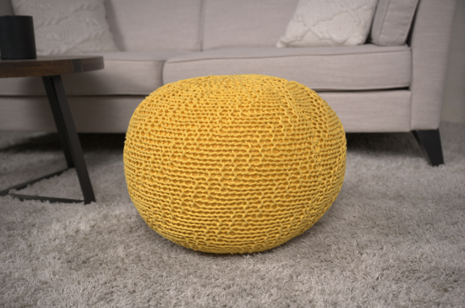 Bordeaux Knitted Cotton Round Pouf, Yellow Yellow Cotton