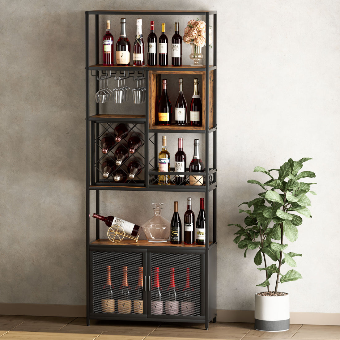 82.7" Industrial Tall Black Bar Wine Rack Cabinet With Glass Holder Wood Home Bar Cabinet Walnut Black Dining Room Industrial Mdf Metal