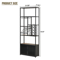 82.7" Industrial Standing Wine Rack With Glass Rack Tall Freestanding Floor Bar Cabinet Walnut Black Dining Room Industrial Mdf Metal