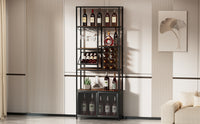 82.7" Industrial Standing Wine Rack With Glass Rack Tall Freestanding Floor Bar Cabinet Walnut Black Dining Room Industrial Mdf Metal