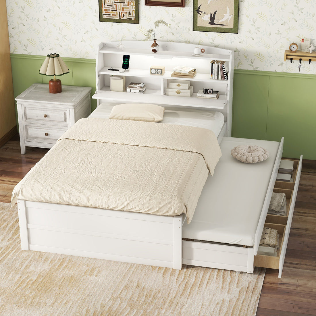 Full Size Wooden Led Platform Bed With Trundle, With Storage Headboard, With Drawers, White Full White Plywood