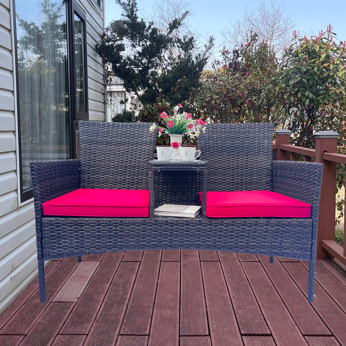 Wicker Patio Conversation Furniture Set, Outdoor Furniture Set With Removable Cushions & Table, Tempered Glass Top, Modern Rattan Bench For Garden Lawn Backyard Yes Complete Patio Set Red Brown Weather Resistant Frame Water Resistant Cushion Garden &
