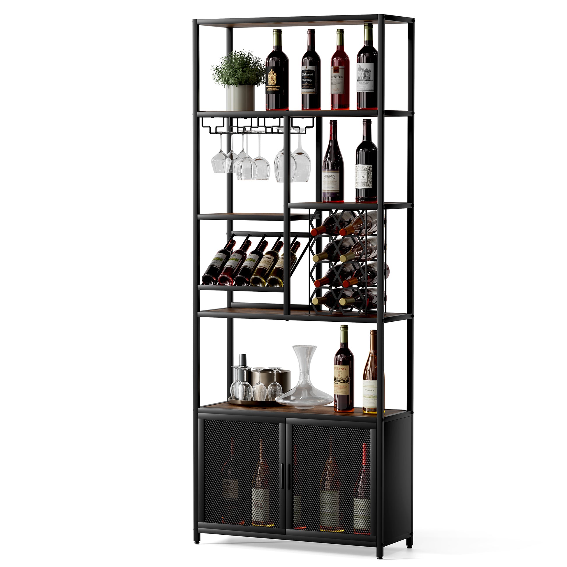 82.7" Industrial Standing Wine Rack With Glass Rack Tall Freestanding Floor Bar Cabinet Walnut Black Dining Room Industrial Mdf Metal