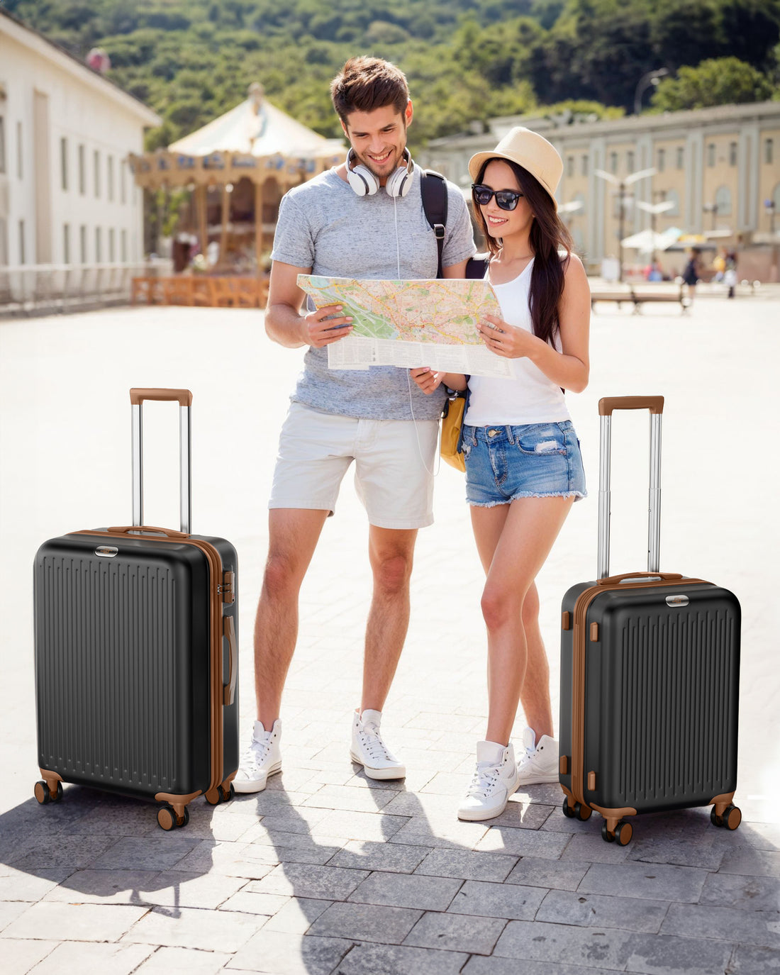 3 Pieces Set Luggage Hard Sided Expandable Luggage With Tsa Lock Travel Essentials Suitcase With Spinner Wheels Black Brown Abs