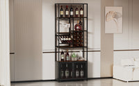 82.7" Industrial Standing Wine Rack With Glass Rack Tall Freestanding Floor Bar Cabinet Walnut Black Dining Room Industrial Mdf Metal