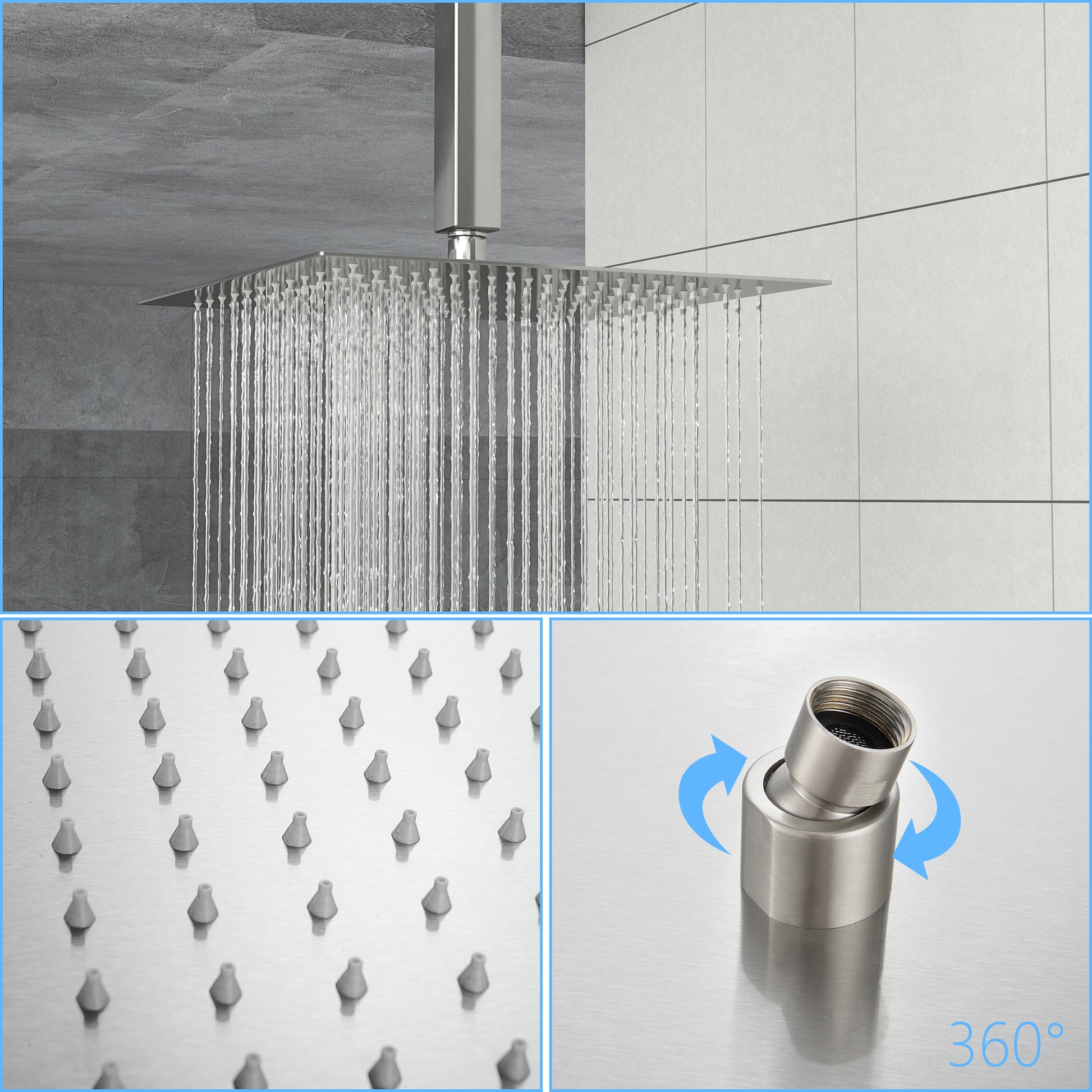 Rain Fixed Shower Head 16 Inch Square, Brushed Nickel brushed nickel-stainless steel