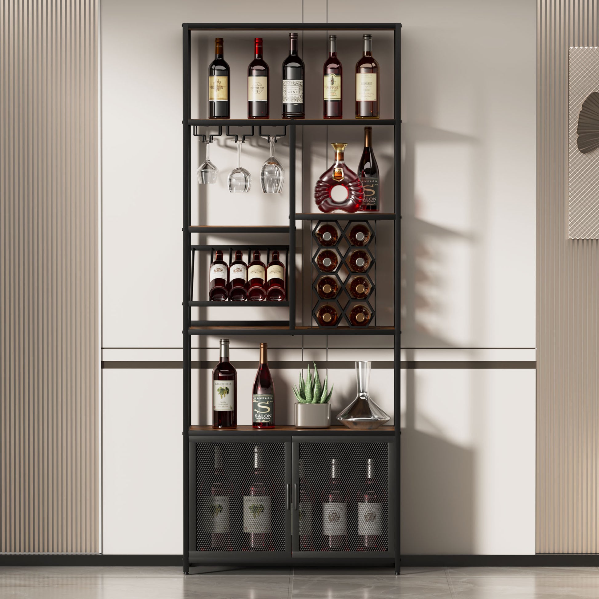 82.7" Industrial Standing Wine Rack With Glass Rack Tall Freestanding Floor Bar Cabinet Walnut Black Dining Room Industrial Mdf Metal