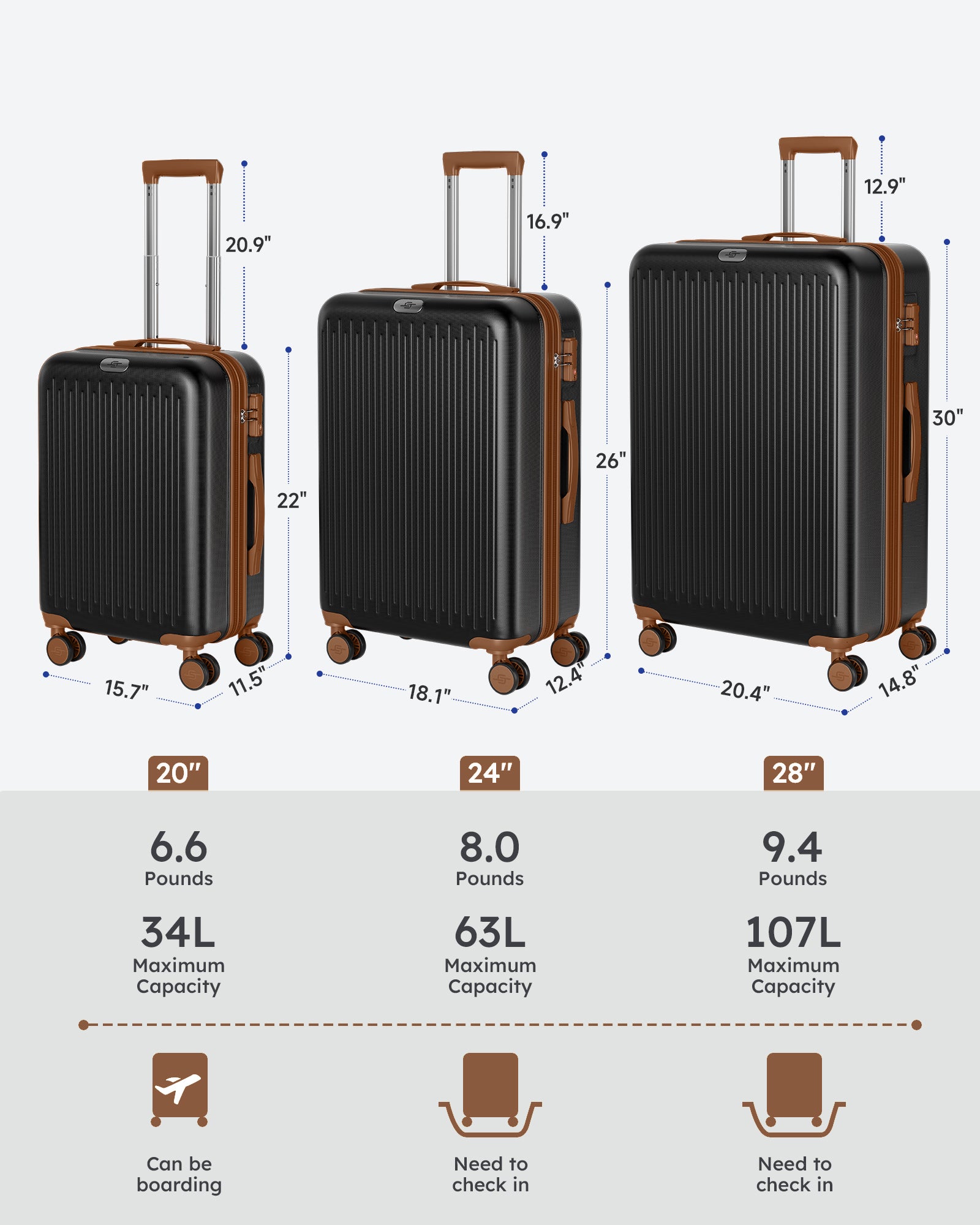 3 Pieces Set Luggage Hard Sided Expandable Luggage With Tsa Lock Travel Essentials Suitcase With Spinner Wheels Black Brown Abs