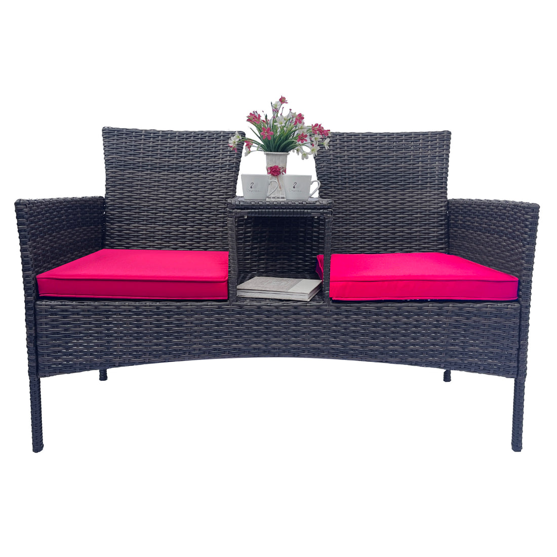 Wicker Patio Conversation Furniture Set, Outdoor Furniture Set With Removable Cushions & Table, Tempered Glass Top, Modern Rattan Bench For Garden Lawn Backyard Yes Complete Patio Set Red Brown Weather Resistant Frame Water Resistant Cushion Garden &