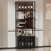 82.7" Industrial Standing Wine Rack With Glass Rack Tall Freestanding Floor Bar Cabinet Walnut Black Dining Room Industrial Mdf Metal