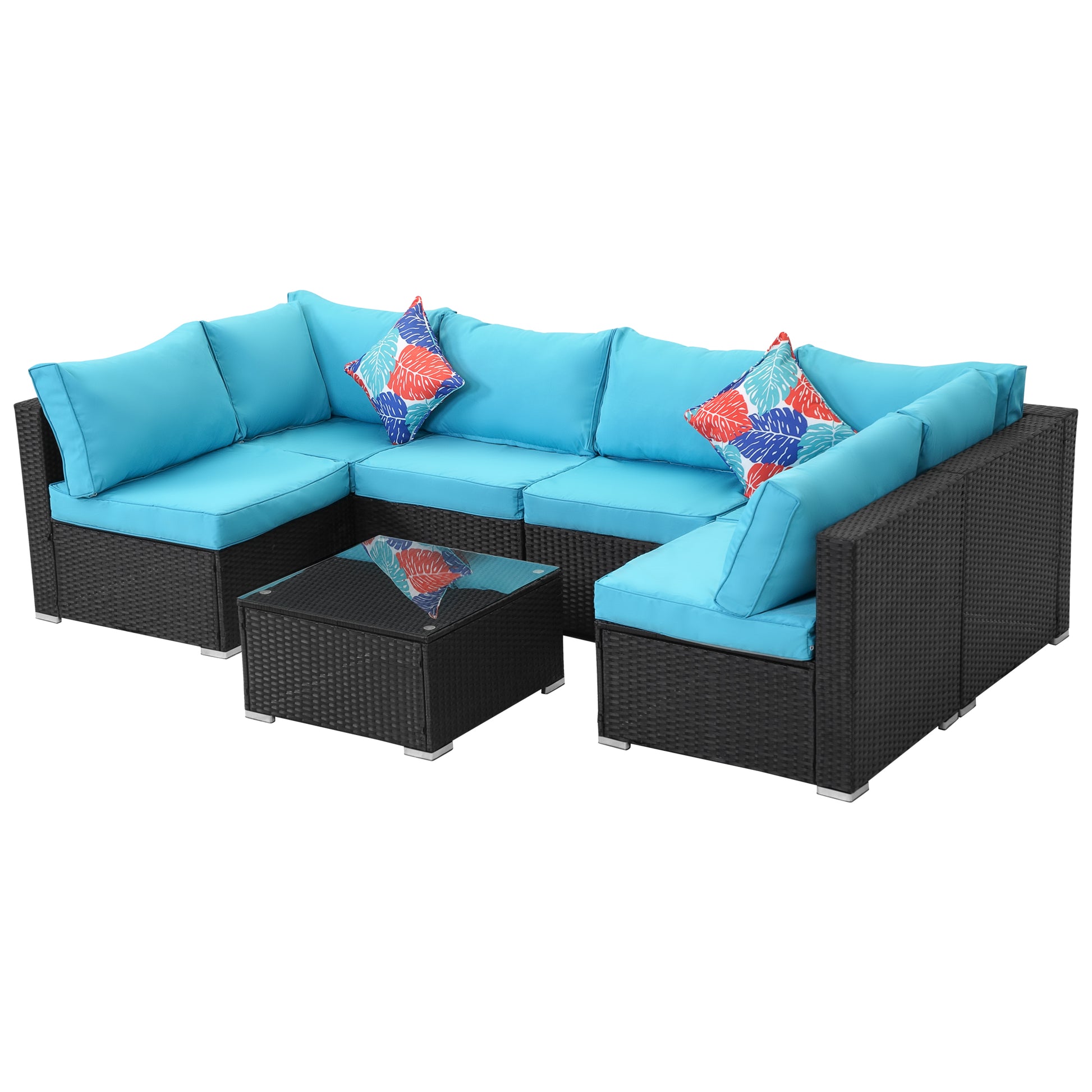 7 Piece Outdoor Pe Wicker Furniture Set, Patio Black Rattan Sectional Sofa Couch With Washable Cushions Yes Deep Seating Black Seats 6 Weather Resistant Frame Fade Resistant Cushion Garden & Outdoor Classic Multiple Chairs Seating Group Polyester Pe