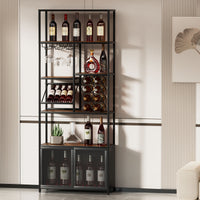 82.7" Industrial Standing Wine Rack With Glass Rack Tall Freestanding Floor Bar Cabinet Walnut Black Dining Room Industrial Mdf Metal