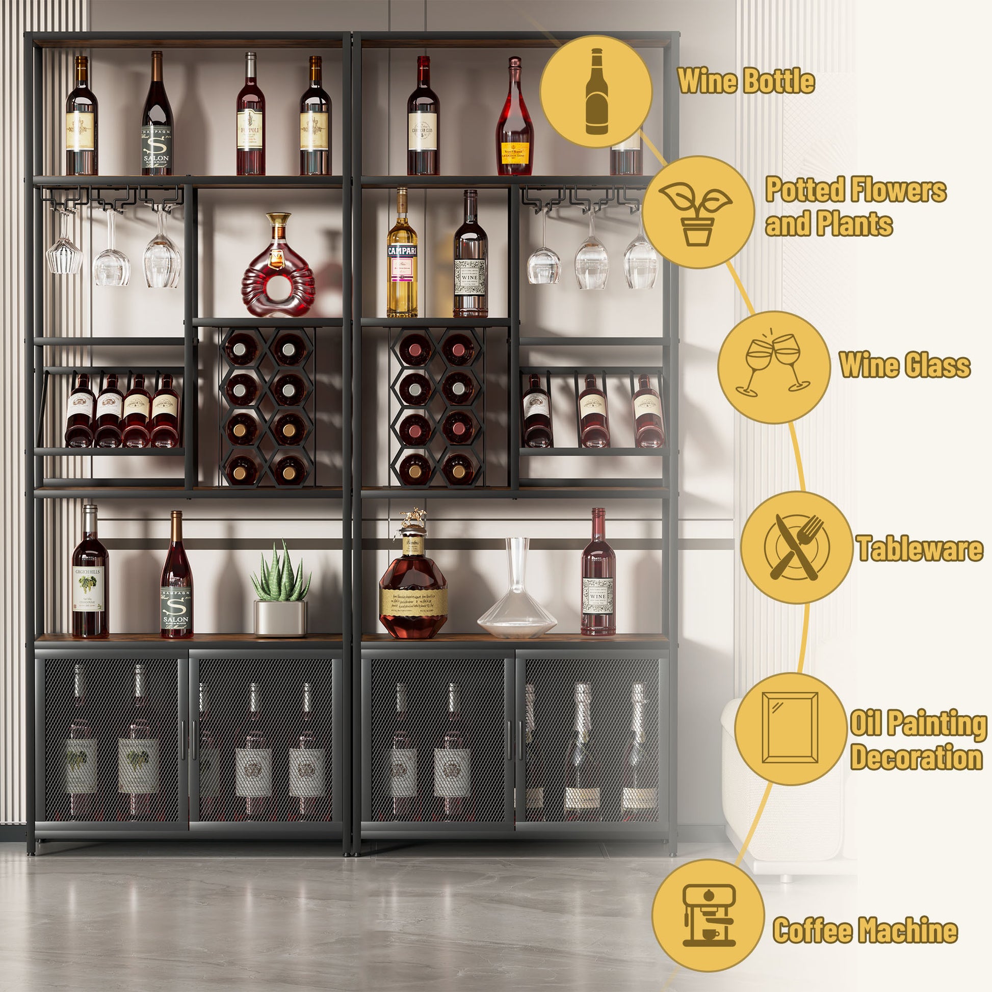 82.7" Industrial Standing Wine Rack With Glass Rack Tall Freestanding Floor Bar Cabinet Walnut Black Dining Room Industrial Mdf Metal