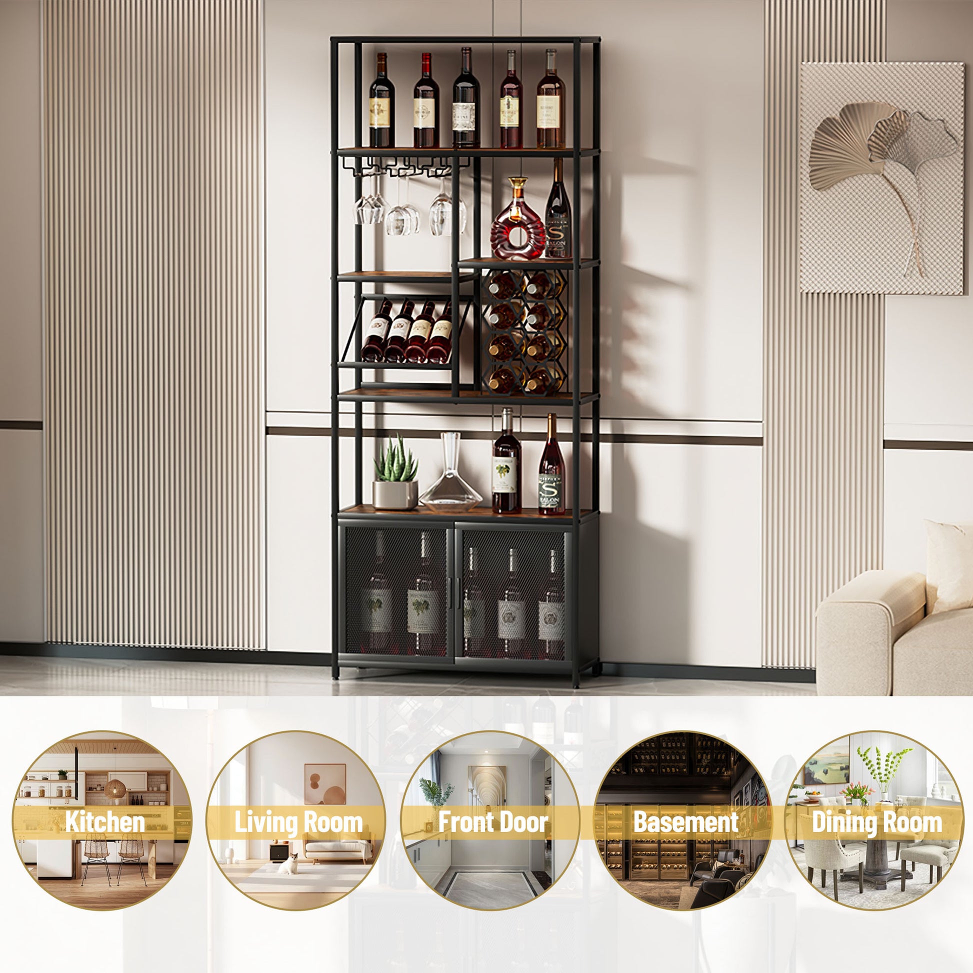 82.7" Industrial Standing Wine Rack With Glass Rack Tall Freestanding Floor Bar Cabinet Walnut Black Dining Room Industrial Mdf Metal