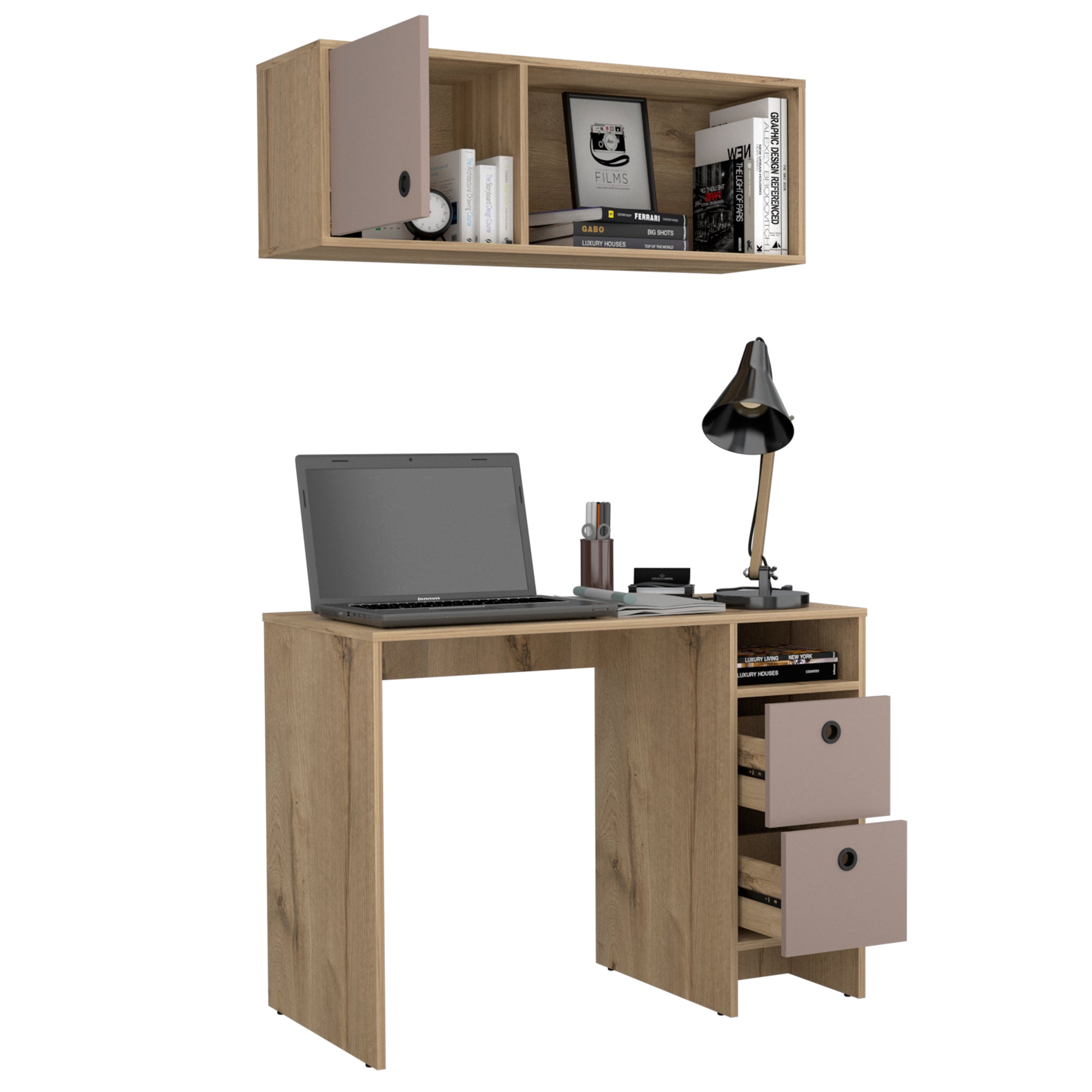 Khali 2 Pc Office Set, Two Shelves, Two Drawers, Wall Cabinet, Single Door Cabinet, Light Oak Taupe Multicolor Office Modern Particle Board Particle Board