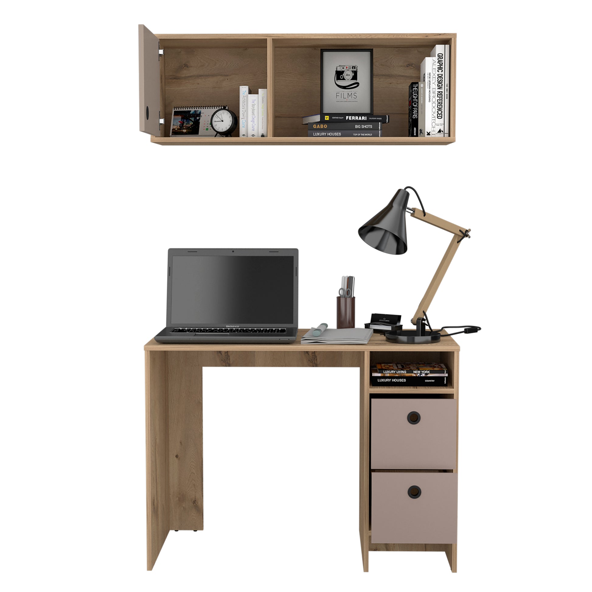 Khali 2 Pc Office Set, Two Shelves, Two Drawers, Wall Cabinet, Single Door Cabinet, Light Oak Taupe Multicolor Office Modern Particle Board Particle Board