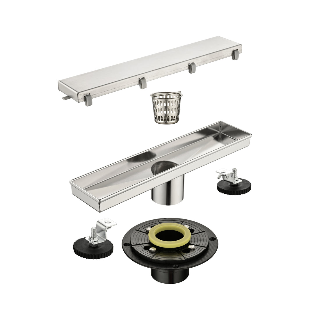 12 Inches Linear Shower Drain, Included Hair Strainer And Leveling Feet, Flange Brushed Nickel Stainless Steel