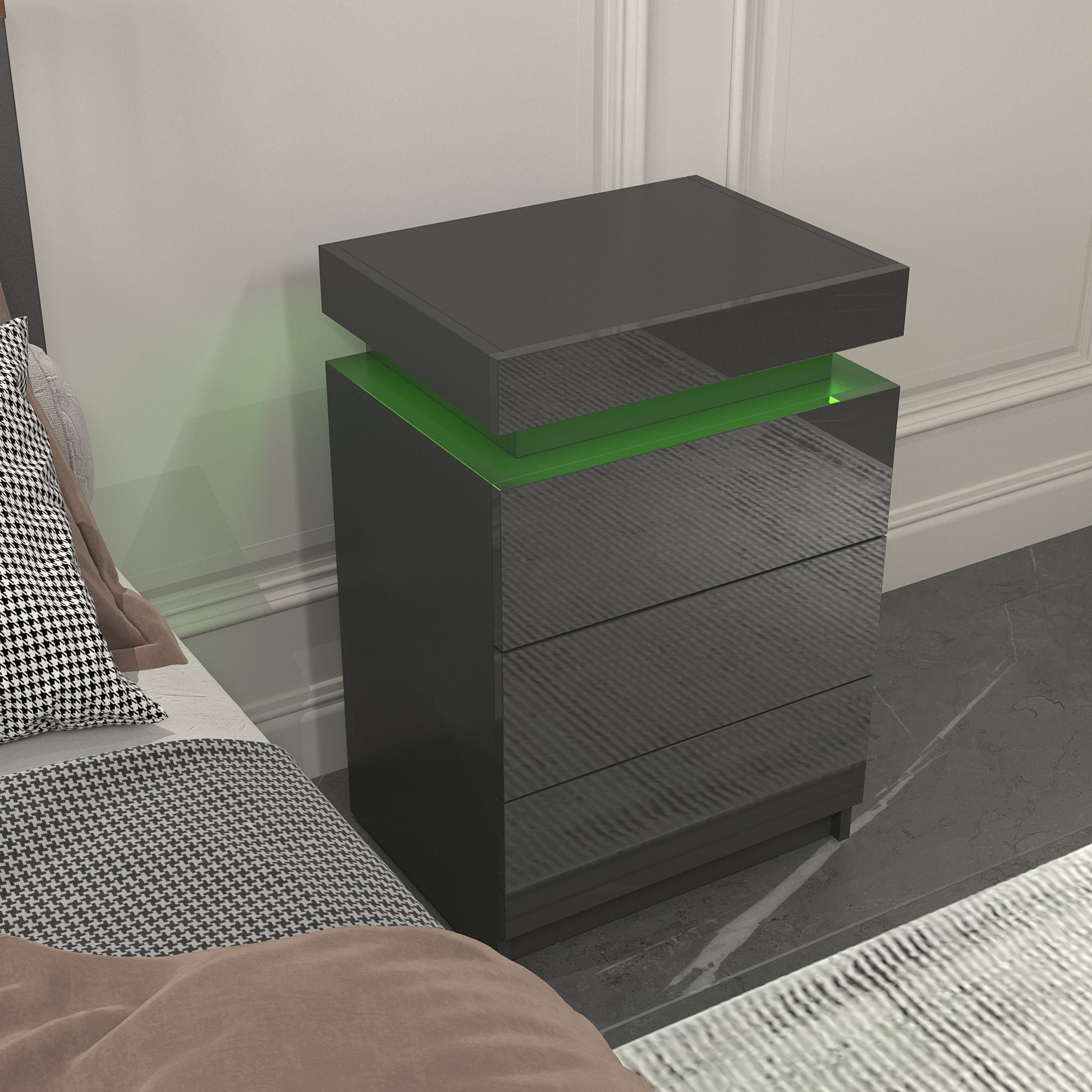 Led Black Nightstand Modern Multi Colour Led Night Table Bedside Tables For Bedroom, Living Room Black Particle Board