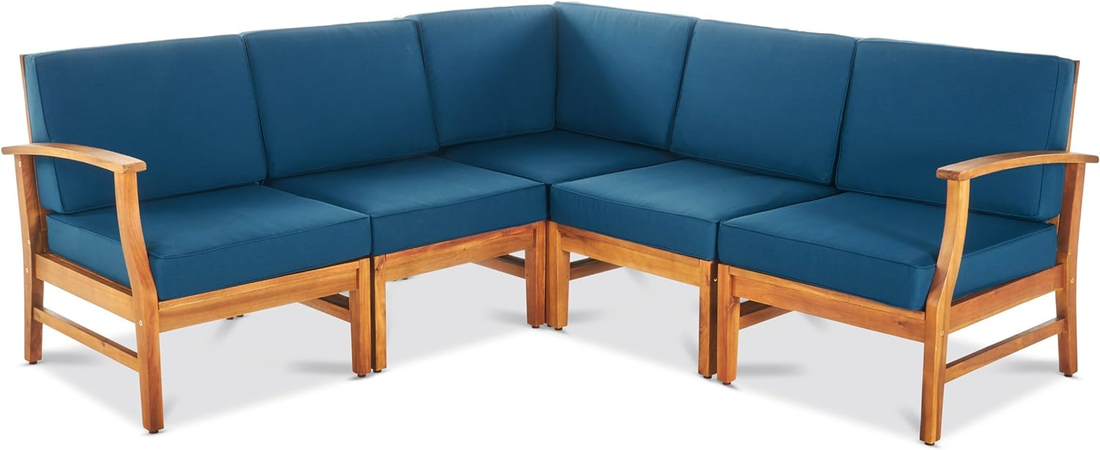 Perla 5 Pcs Sofa Set, Blue Blue Acacia Wood