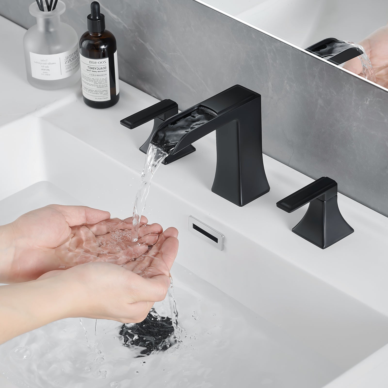 Bathroom Faucets For Sink 3 Hole Black 8 Inch Widespread Bathroom Sink Faucet With Pop Up Drain Double Lever Handle Faucet Bathroom Vanity Faucet Basin Mixer Tap Faucet With Hose Bathroom Joystick Geometric Two Black Side Sprayer Deck Mounted Cartridge