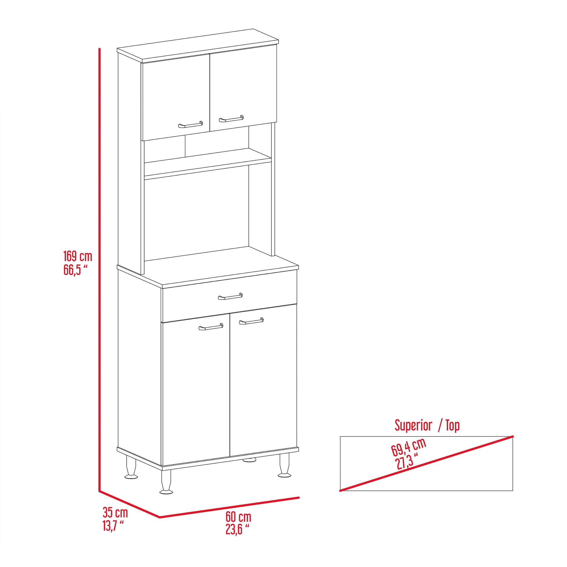 Pantry Cabinet 67" H, Four Doors, One Drawer, Three Internal Shelves, 2 External Storage Shelves, Microwave Storage Option, Four Legs, Light Oak Beige Particle Board Particle Board