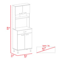 Pantry Cabinet 67" H, Four Doors, One Drawer, Three Internal Shelves, 2 External Storage Shelves, Microwave Storage Option, Four Legs, Light Oak Beige Particle Board Particle Board